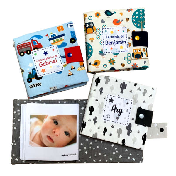 Livre photo tissu carré, album photo doudou personnalisé pour bébé et enfant, véhicules, garçon, hiboux