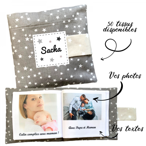 Livre photo tissu carré, album photo doudou personnalisé pour bébé et enfant étoiles gris