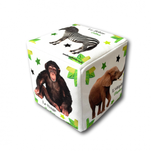 Dé cube d'éveil photo éducatif en tissu pour bébé et enfant animaux jungle savane